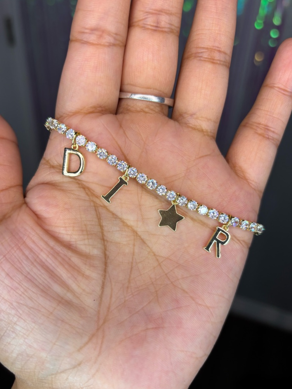 Gold Crystal Tennis Bracelet W/ Logo Letter & Star Charms Great For Daily Wear